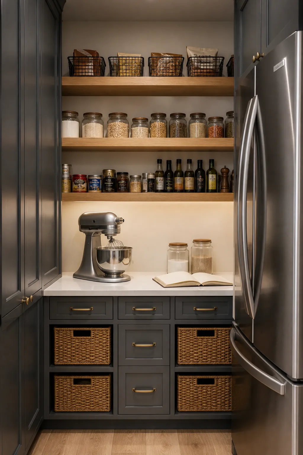 Compact gray pantry organized with a dedicated countertop baking station
