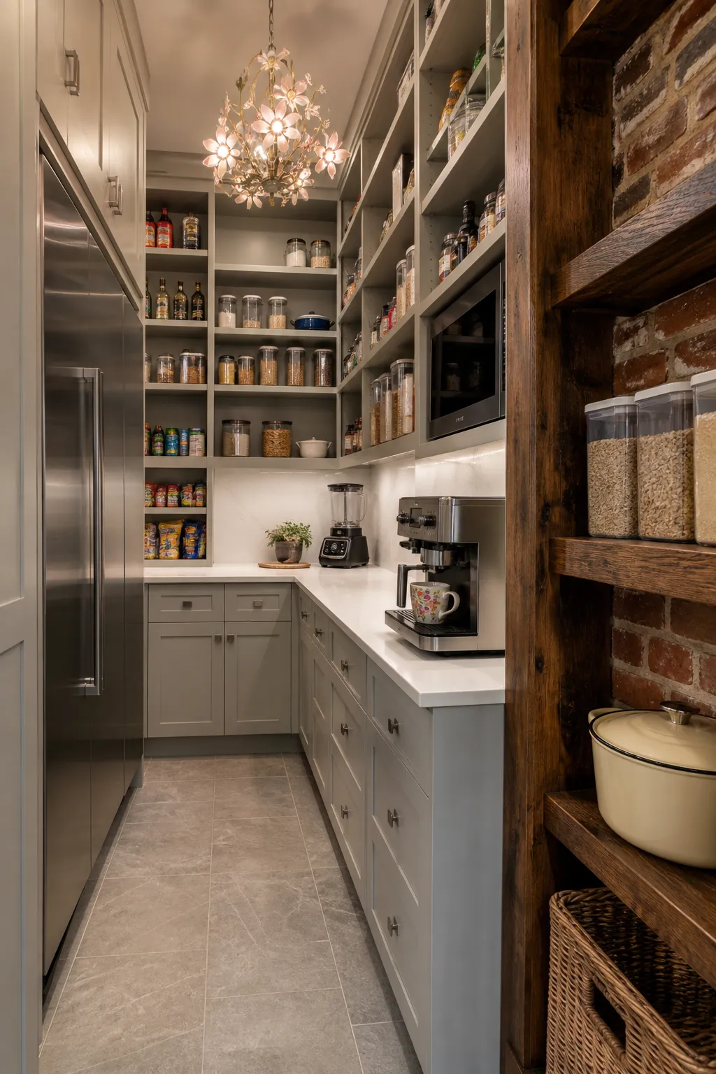 Gray scullery with an integrated refrigerator and organized coffee bar