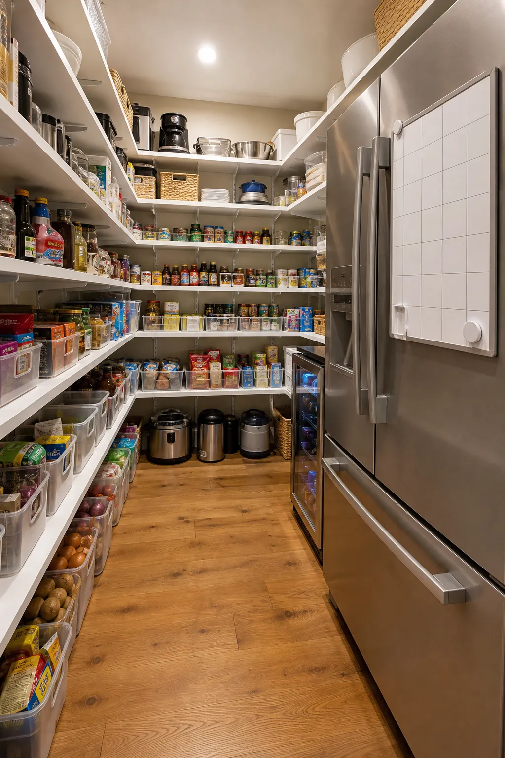 Family pantry with open shelves arranged around a full-size refrigerator