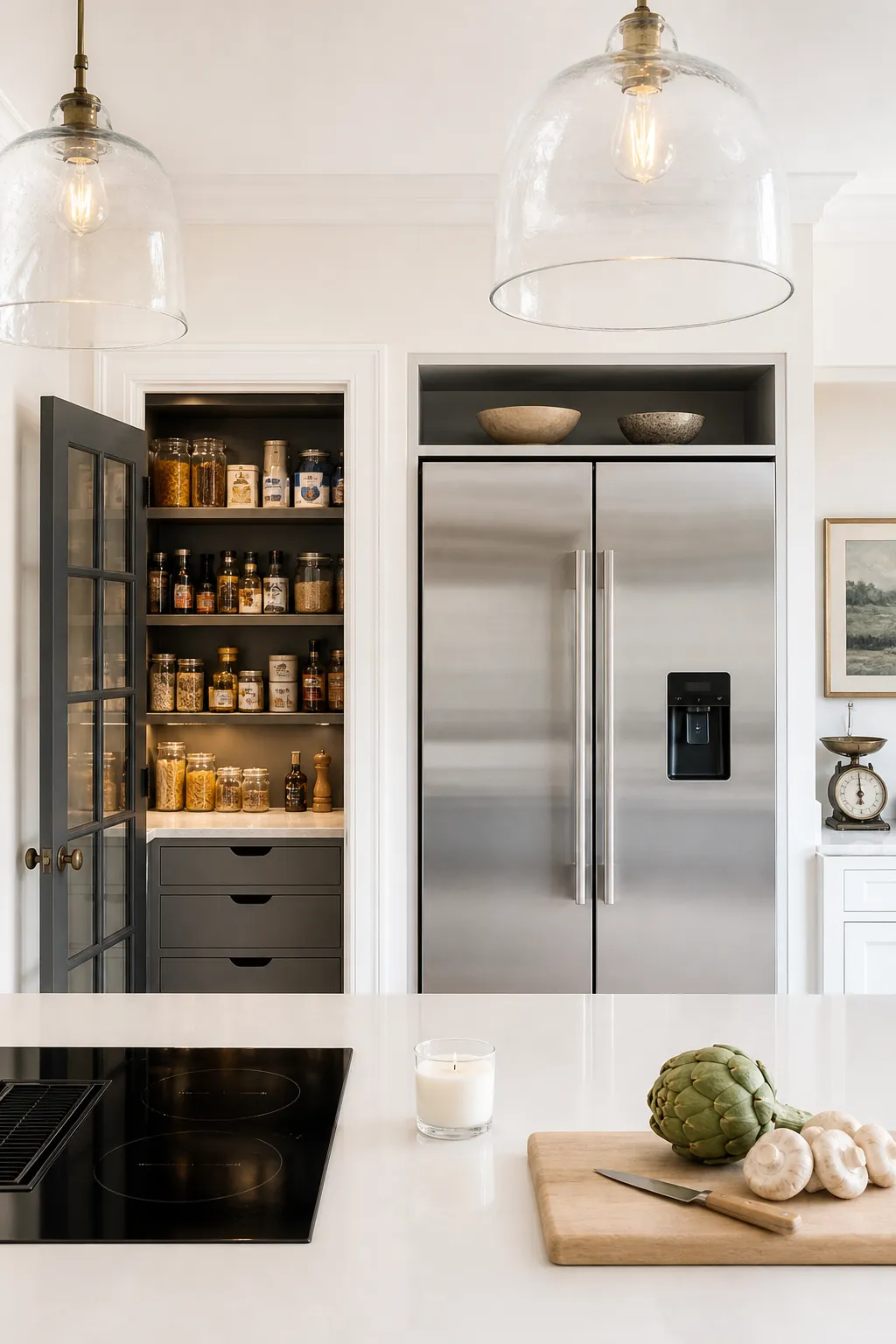 Bright modern kitchen with an integrated refrigerator and adjoining walk-in pantry