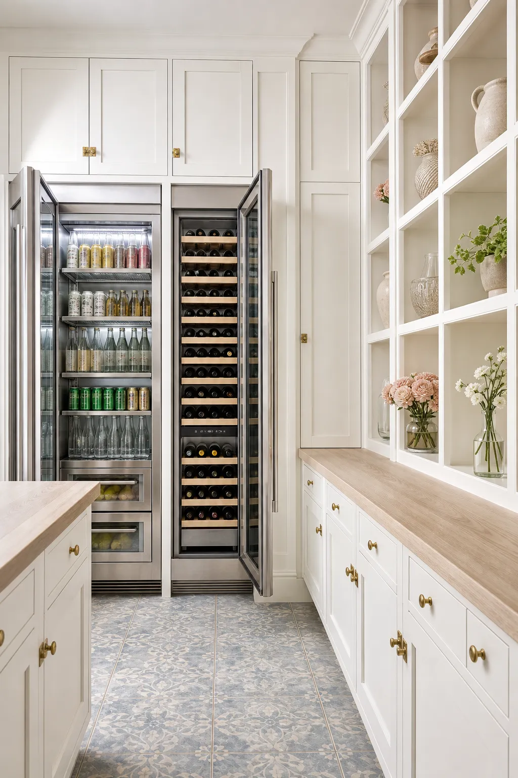 Statement pantry with integrated refrigeration and luxurious illuminated wine storage