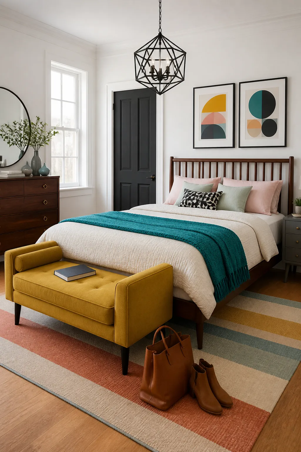 Mid-century bedroom with walnut furniture and lively red, blue, and yellow decorative accents