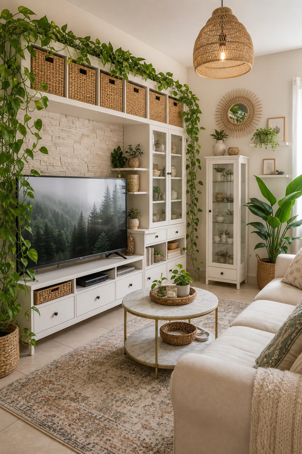 Bright boho living room with compact storage, woven accents, and light furnishings