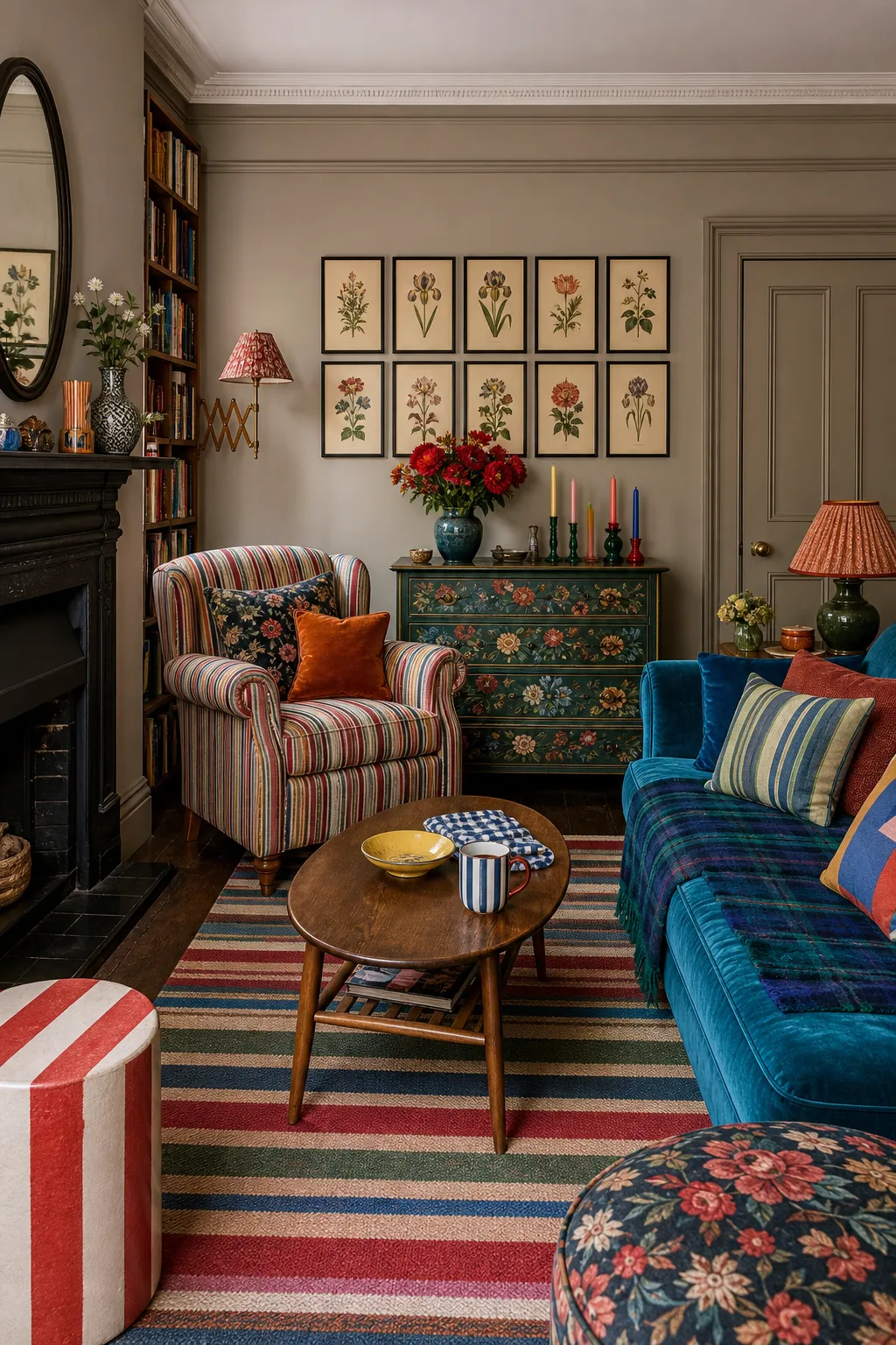 Tiny maximalist living room filled with layered colors, patterns, and artwork