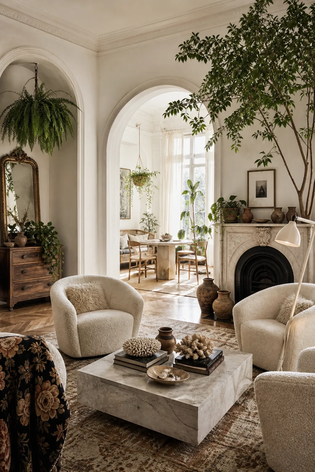 Small living room with airy archways, vintage furnishings, and abundant plants