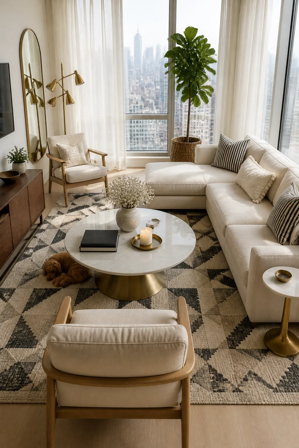 Compact high-rise living room with layered neutral furnishings and city views