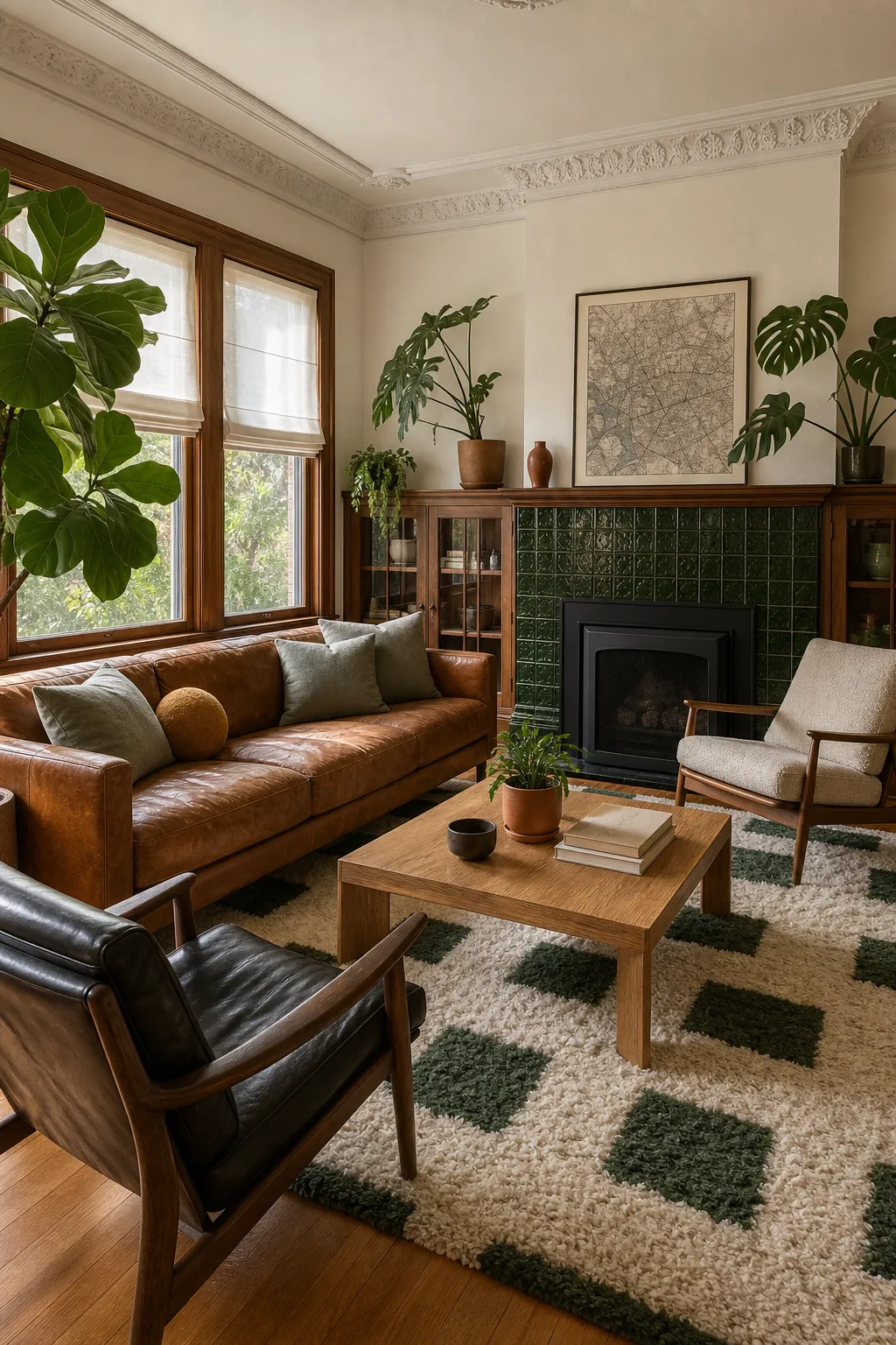 Small midcentury-inspired living room arranged around a warm fireplace