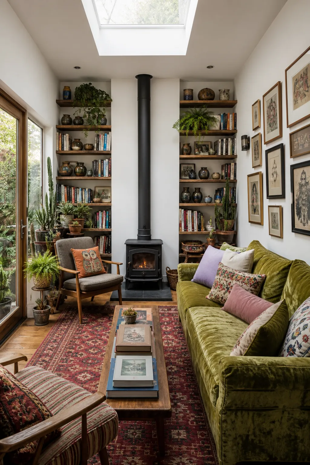 Eclectic living room centered on a rich green velvet sofa