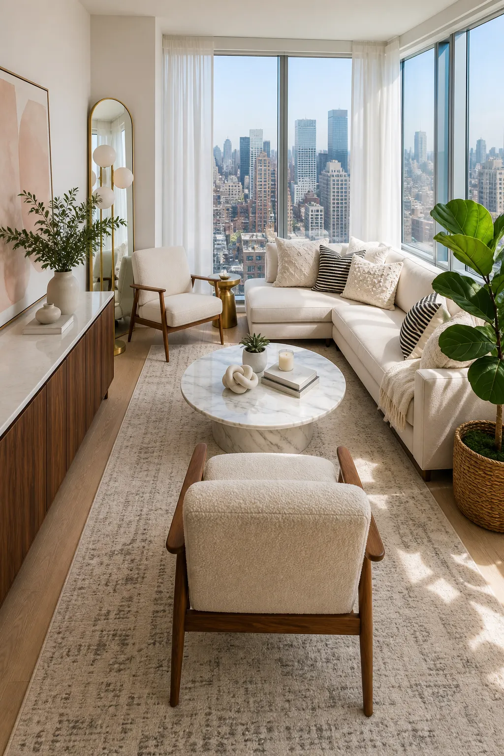 Small city apartment with seating oriented toward large bright windows