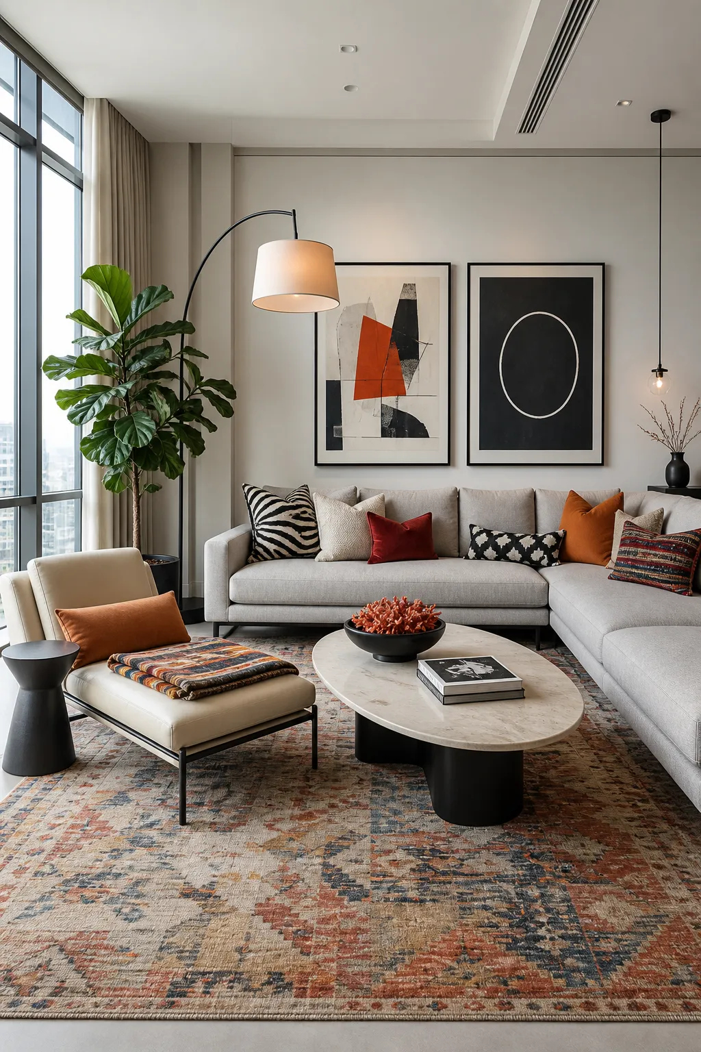 Colorful living room with modern artwork coordinating the furnishings
