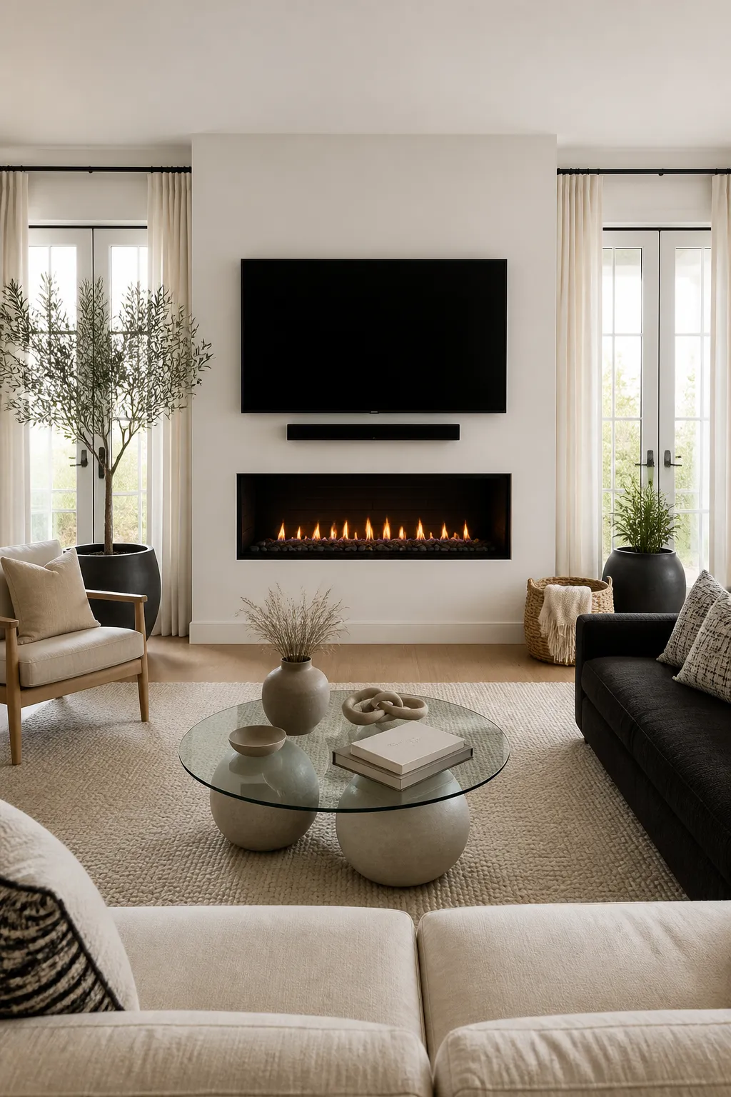 Streamlined living room focal wall featuring a sleek linear fireplace