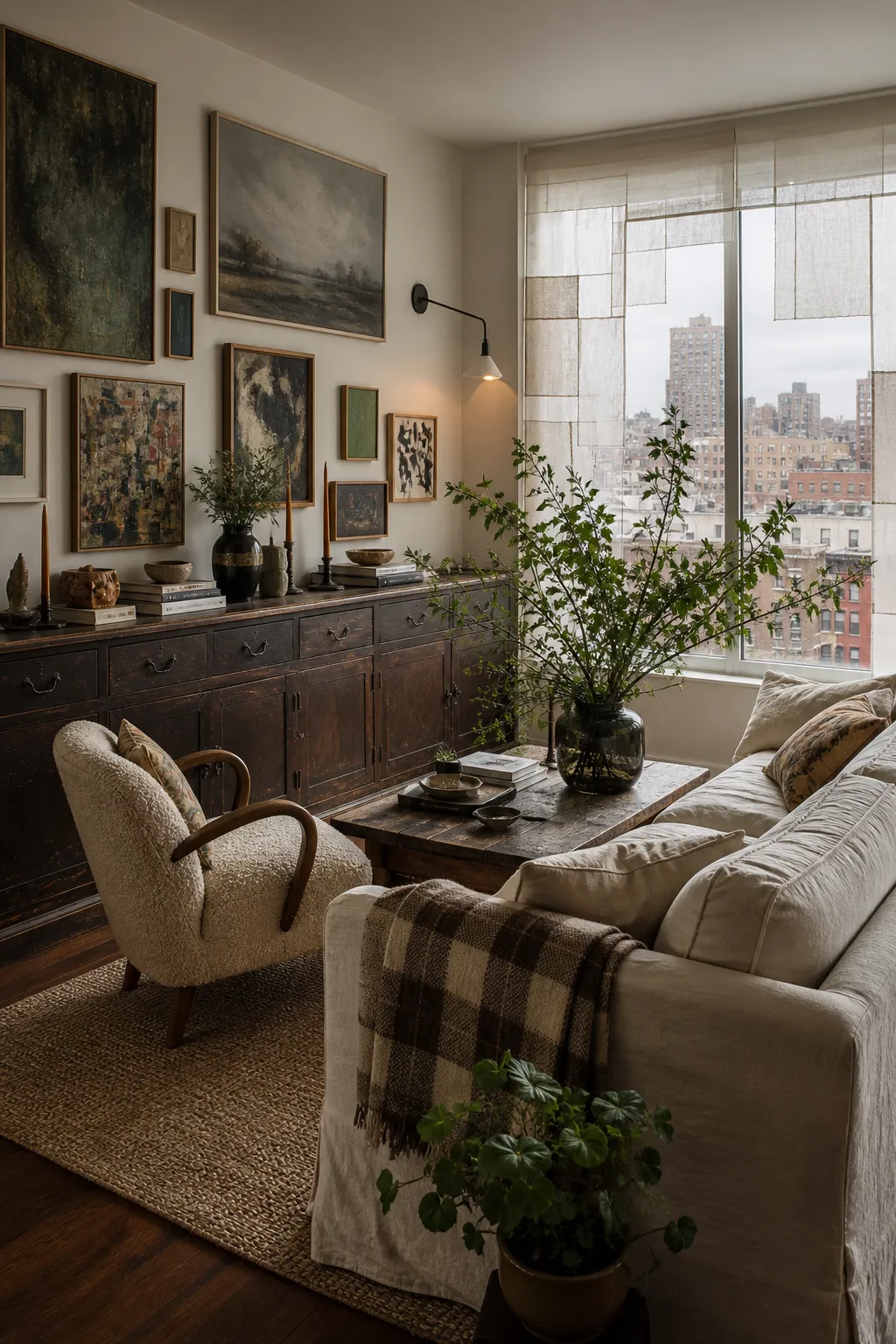 Art-filled apartment with layered furnishings and personal collected objects