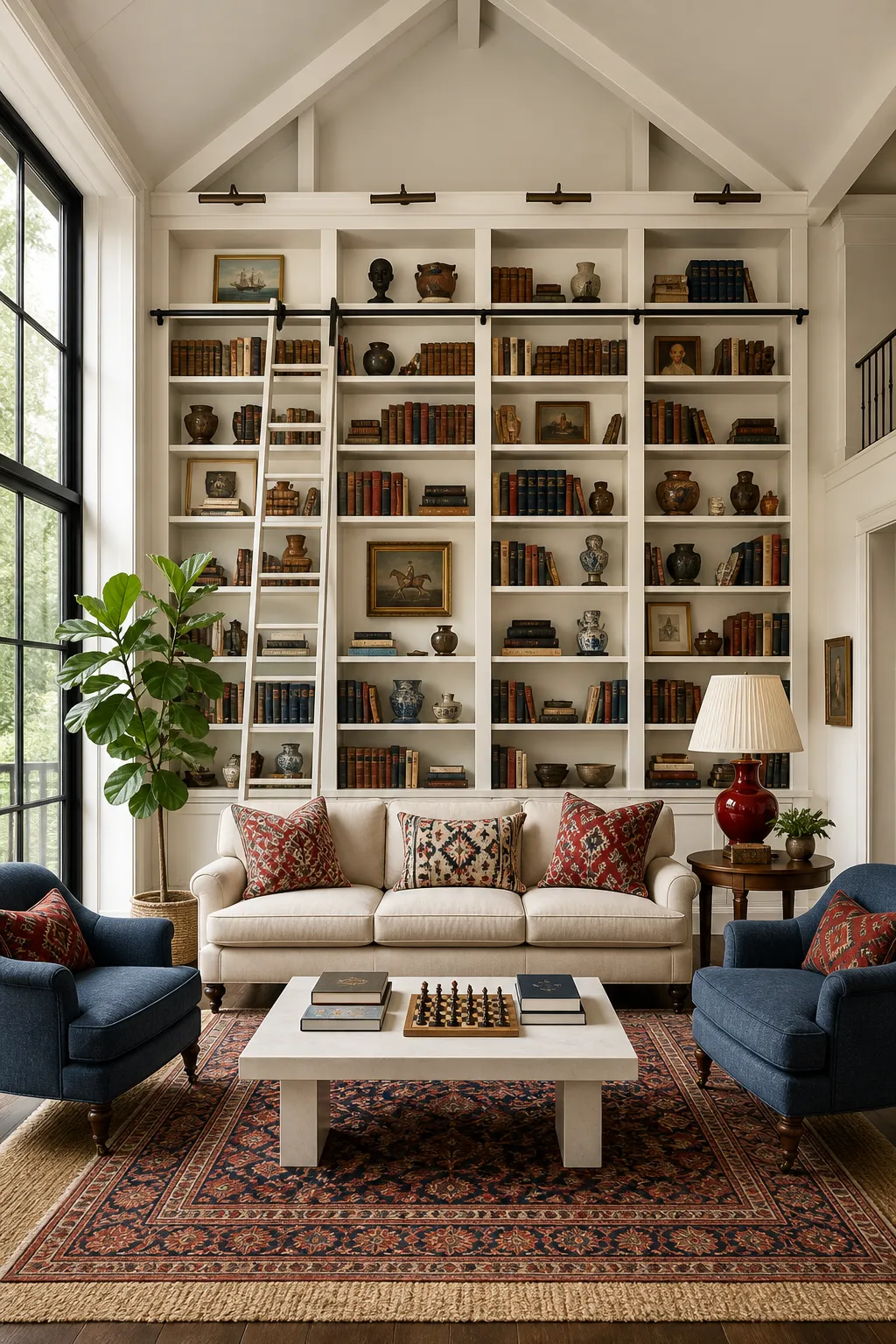Living room with a floor-to-ceiling library wall filled with books