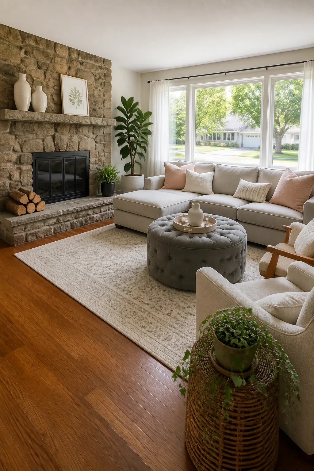 Cozy living room seating grouped around a compact stone fireplace