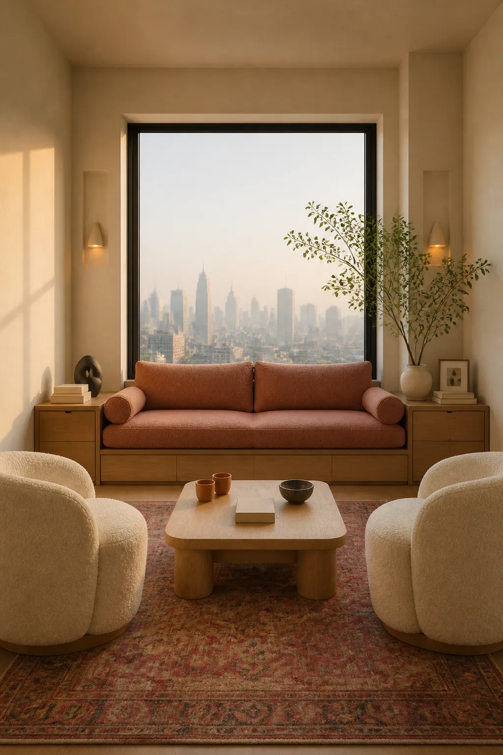 Rose-colored sofa beside expansive windows overlooking a city skyline