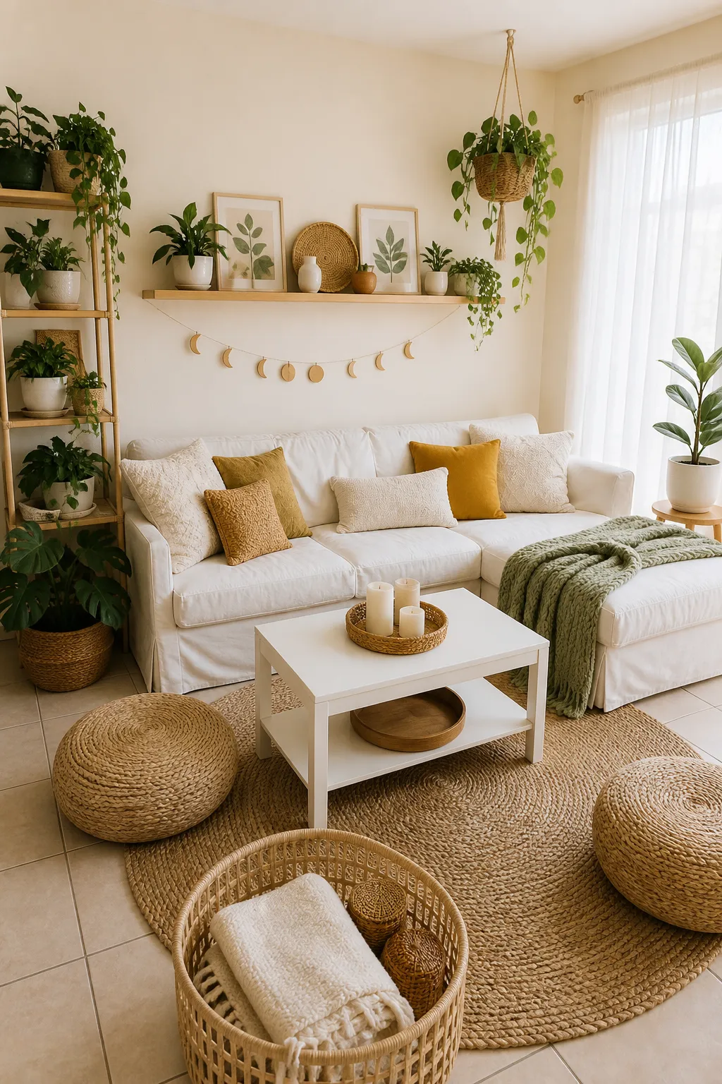 Bright boho living room retreat with leafy plants and light natural textures