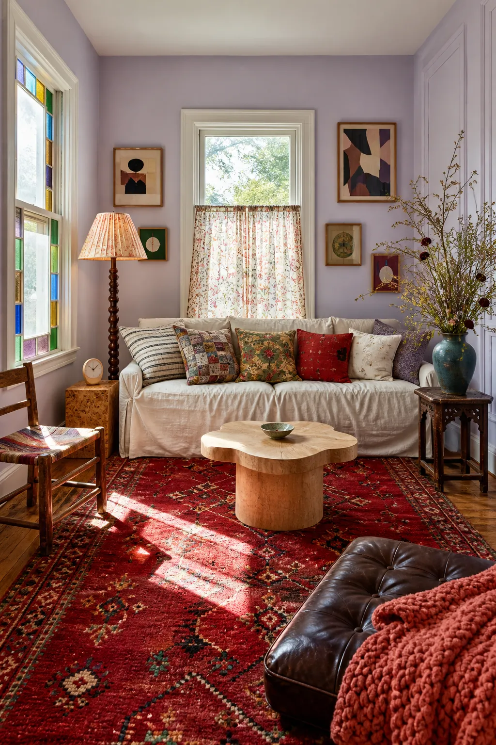 Playful living room with lavender walls and vivid red accent pieces