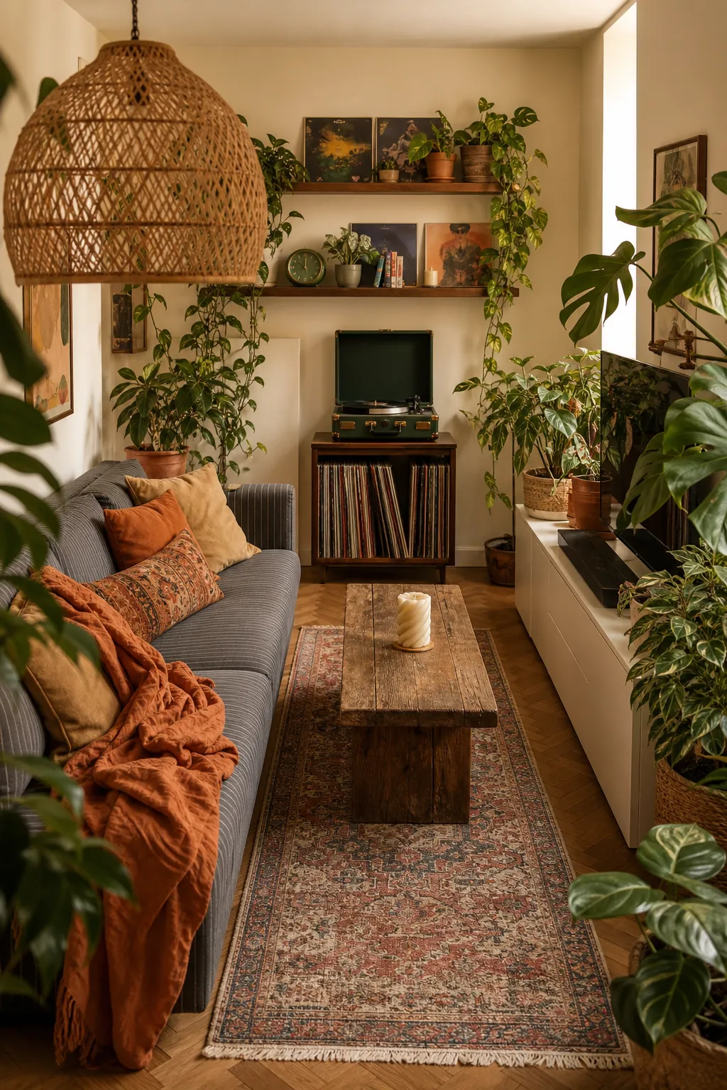 Cozy living room layered with leafy plants, woven accents, and warm boho textures