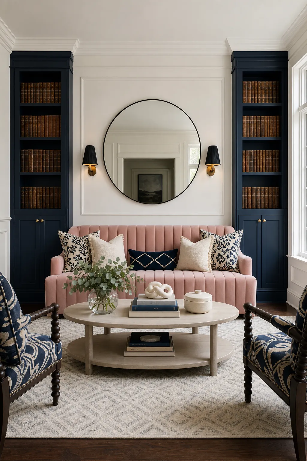 Small living room with sophisticated navy built-in shelves and concealed storage