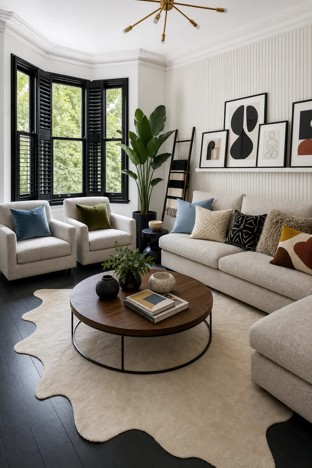 Monochrome living room featuring bold black-and-white patterns and graphic contrast