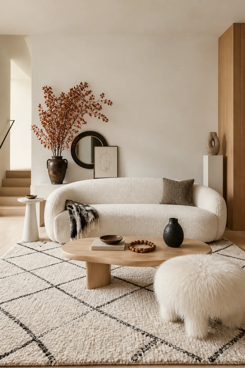 Compact modern living room arranged around a minimal curved sofa