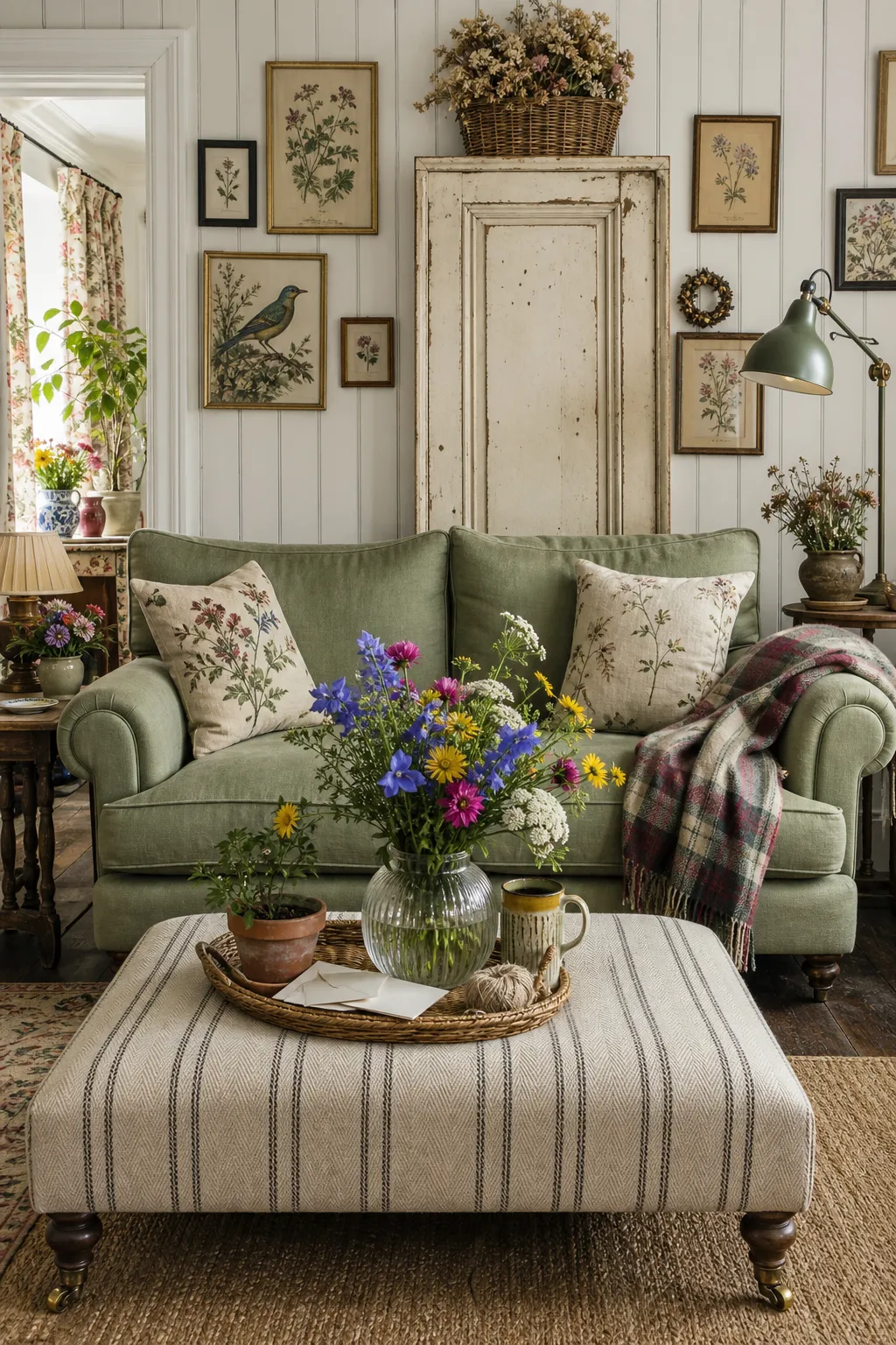 Small cottage-style living room decorated in soft sage green and warm neutrals