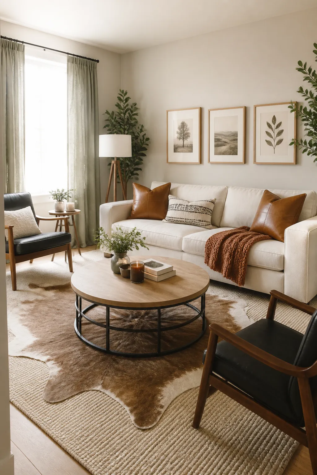 Cozy compact living room with warm neutral colors and rounded furniture