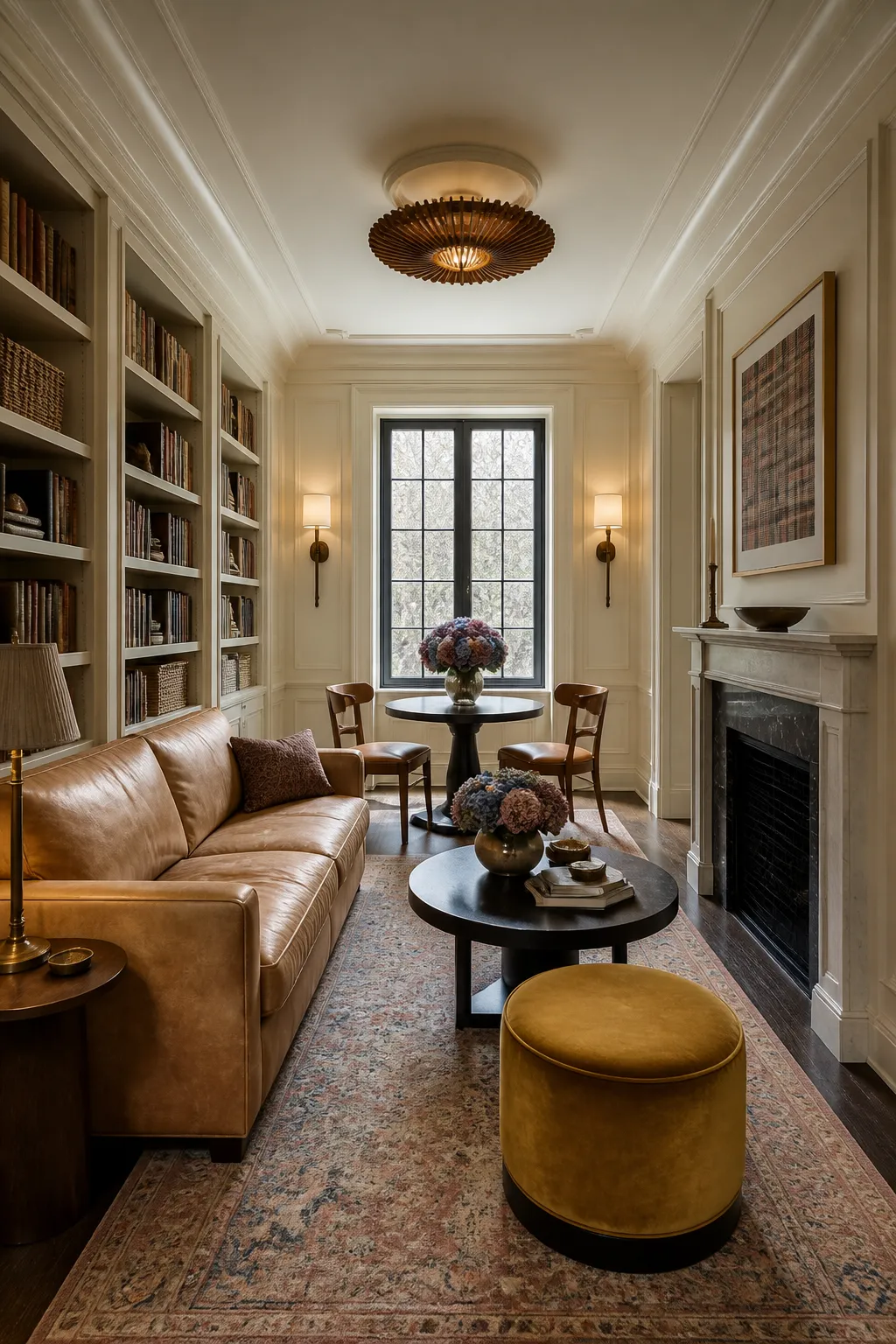 Intimate living room with a central fireplace flanked by built-in bookcases