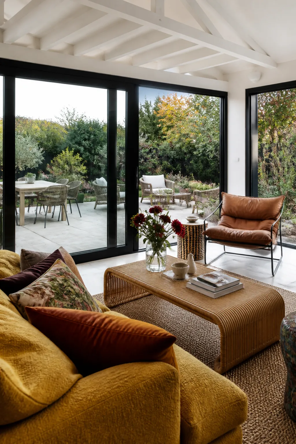 Bright living room opening directly onto a green outdoor terrace