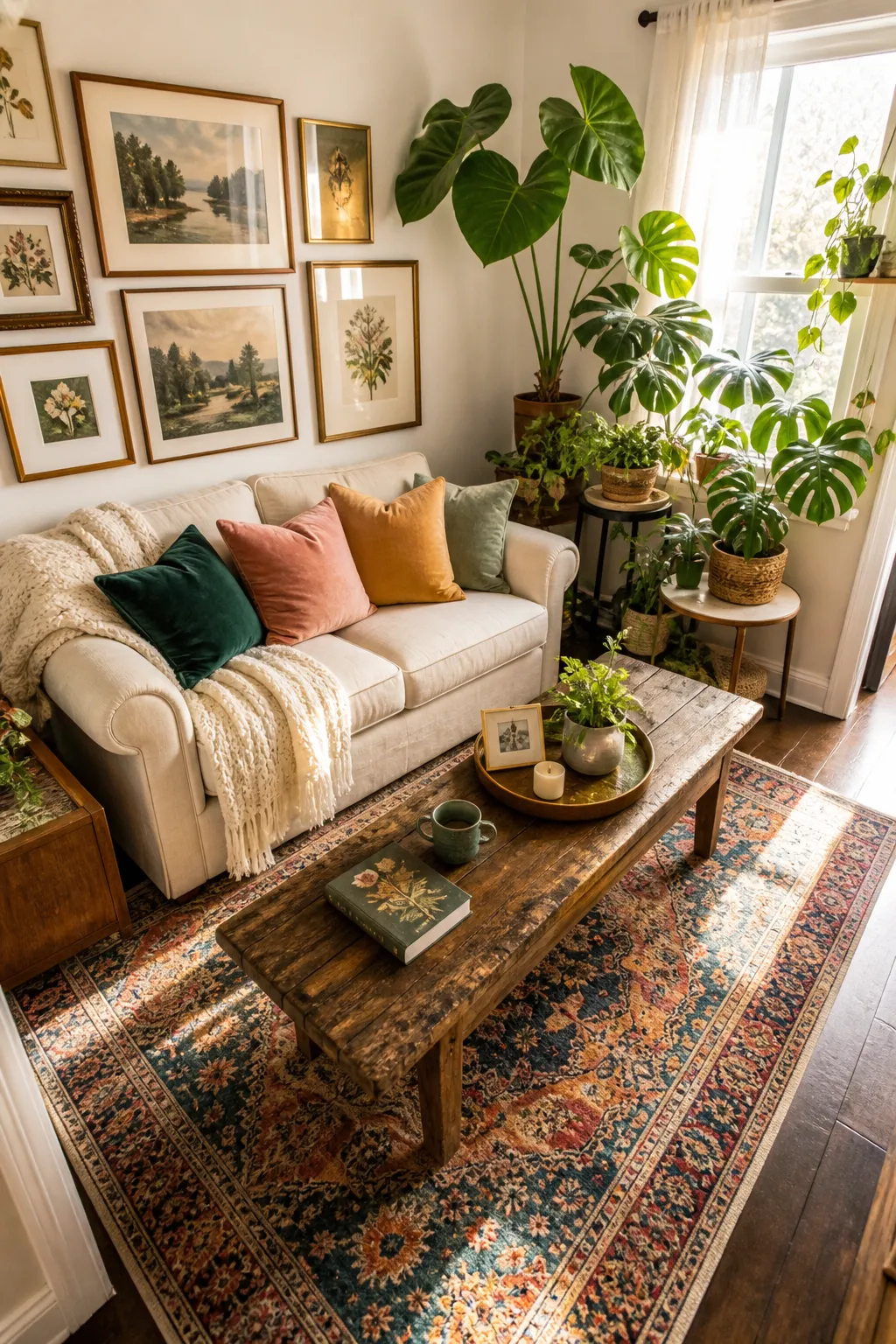 Tiny home interior enhanced with hanging plants and vertical greenery