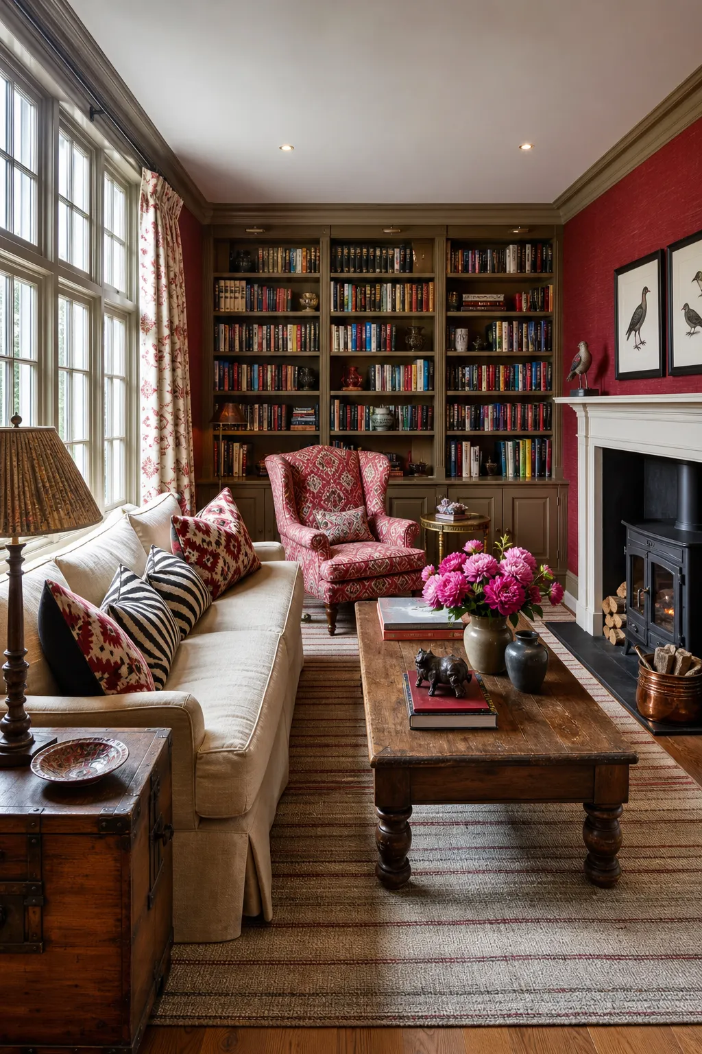 Compact home library with deep red walls, bookshelves, and traditional furnishings