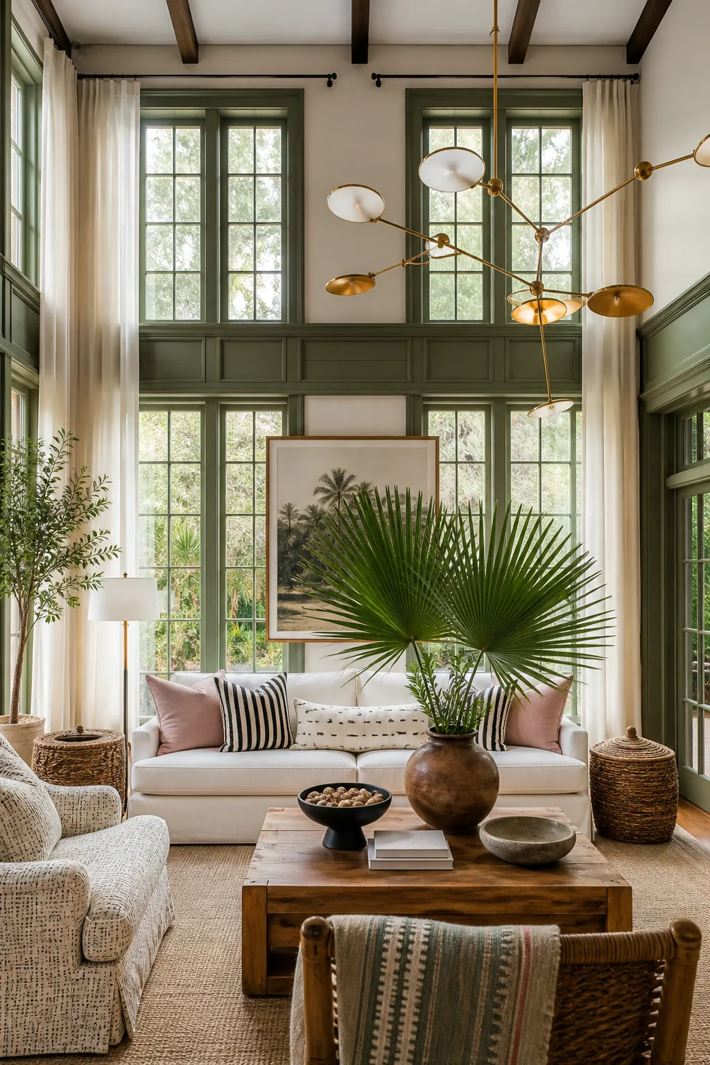 Sunlit compact room with window frames painted soft sage green