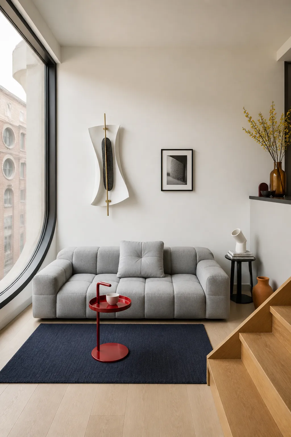 Compact modernist living room warmed by wood, wool, leather, and textured fabrics