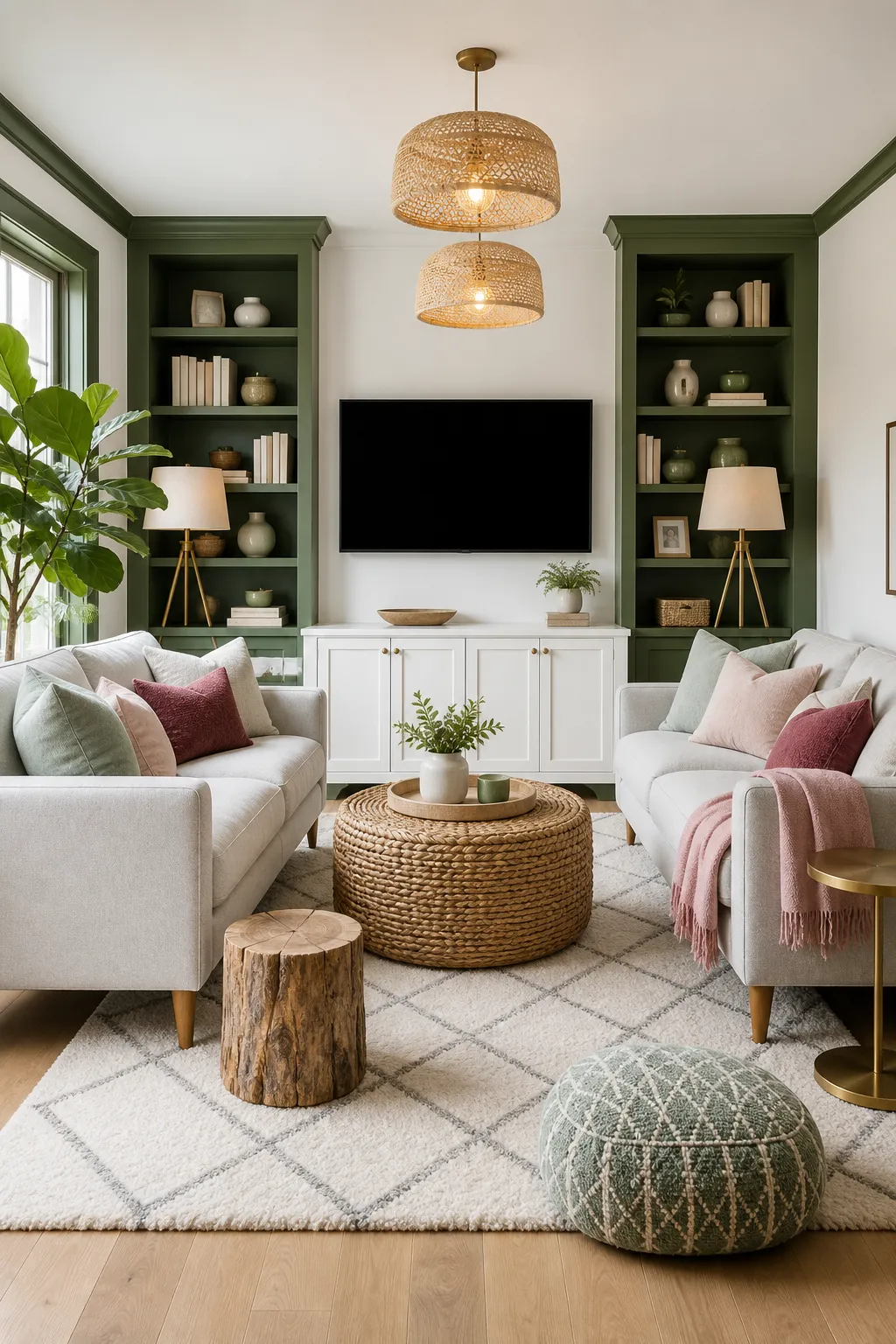 Small living room wrapped in green built-in shelves and cabinetry