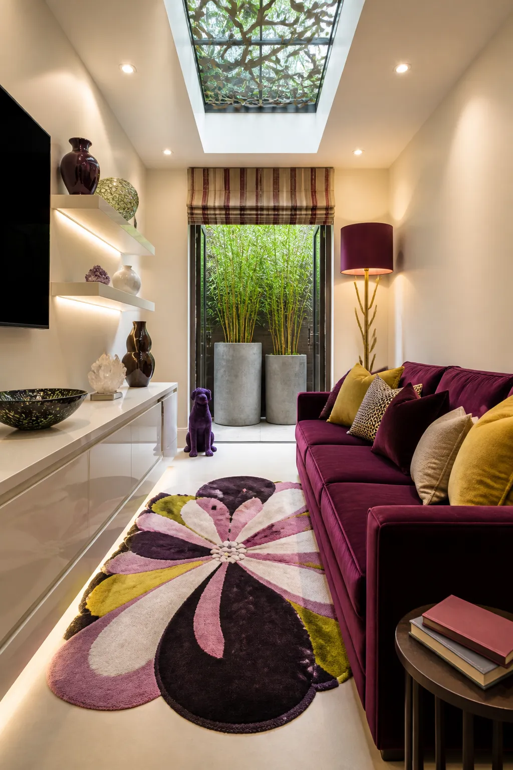 Narrow living room centered around a bold purple sofa