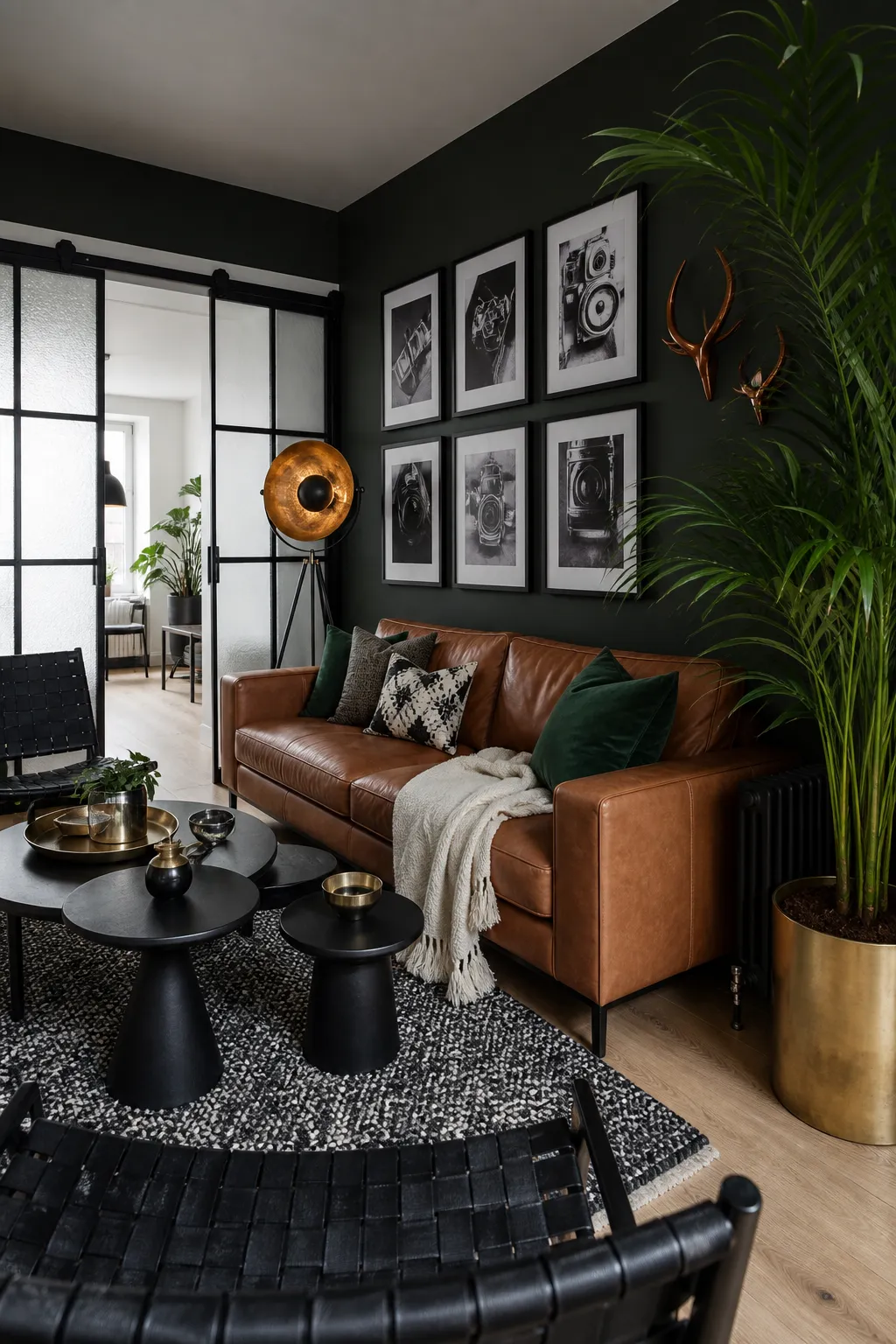 Moody small living room with dark green walls and a cognac leather sofa