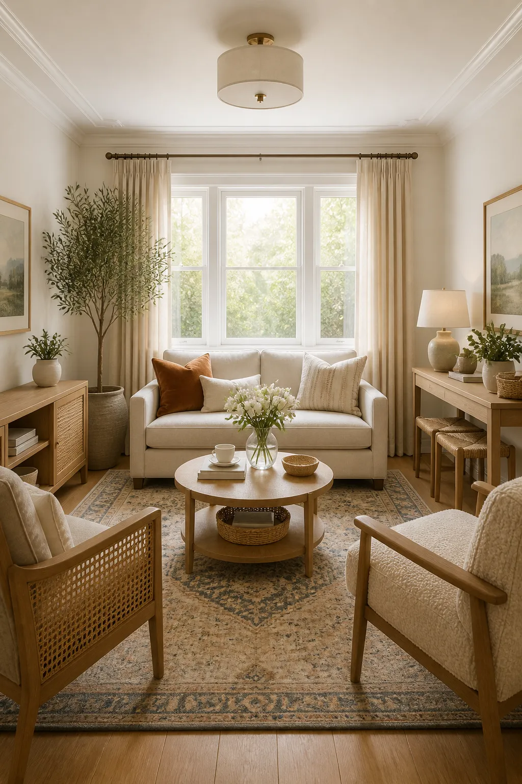 Bright, cozy room styled with warm neutral tones and light-enhancing finishes
