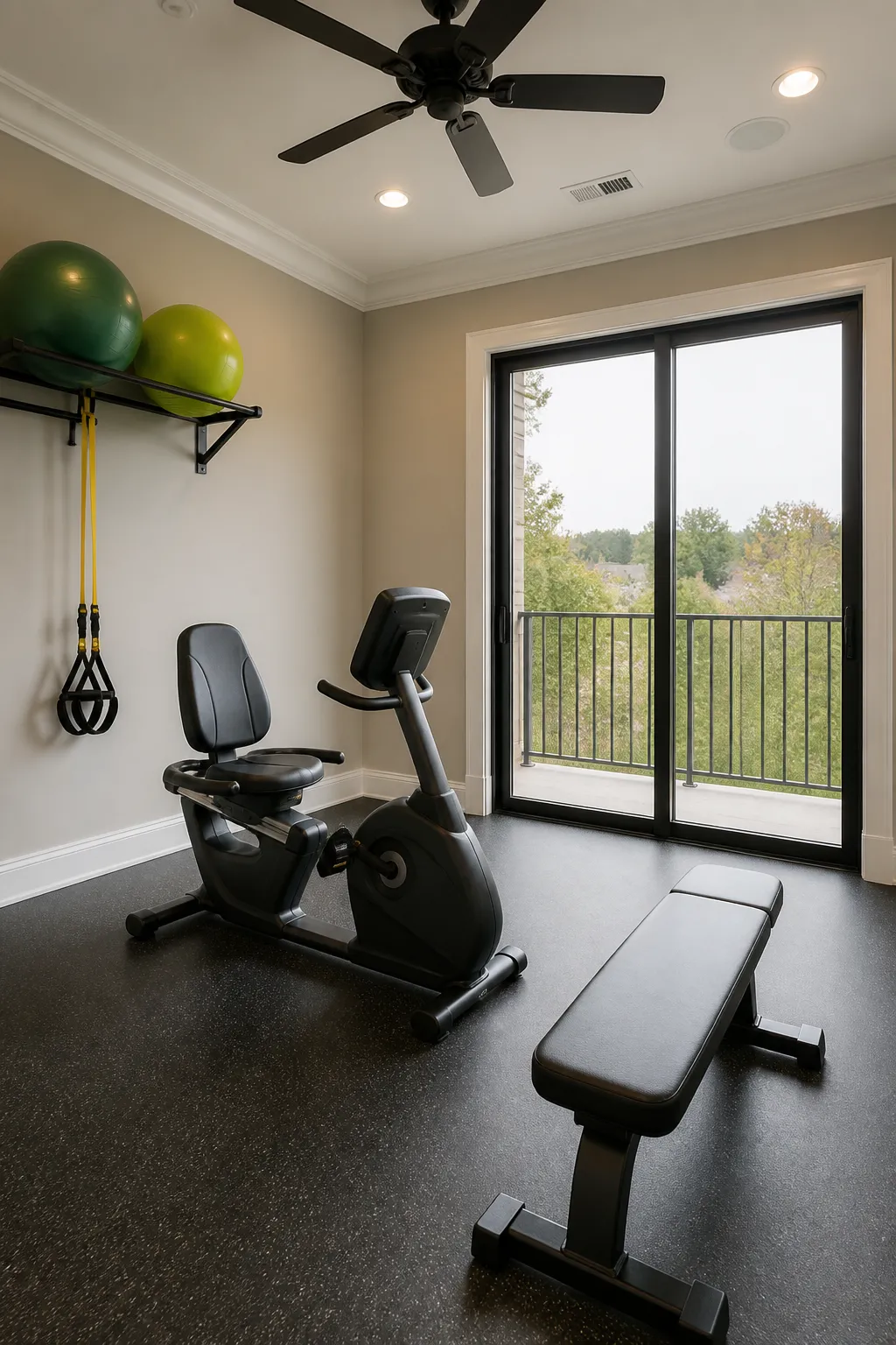 Compact home cardio corner featuring a recumbent exercise bike