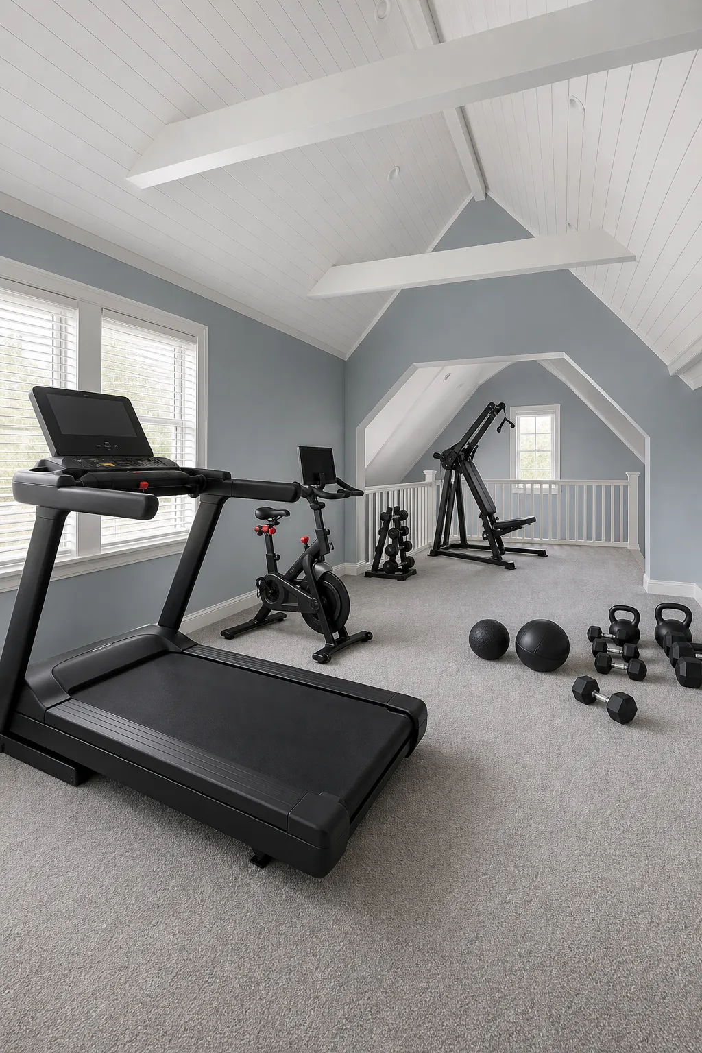Airy attic loft converted into a dedicated home cardio gym