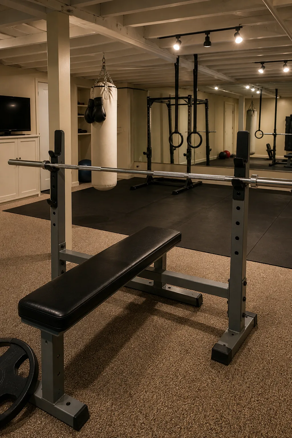 Basement home gym divided into boxing and weight-training zones