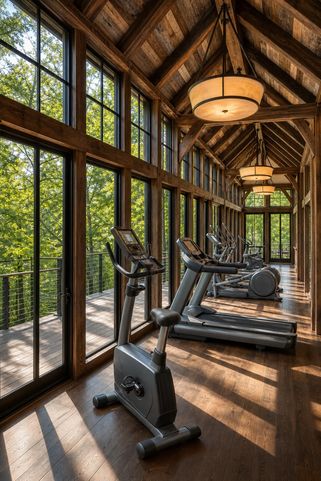 Rustic lodge-style home gym overlooking scenery through expansive windows