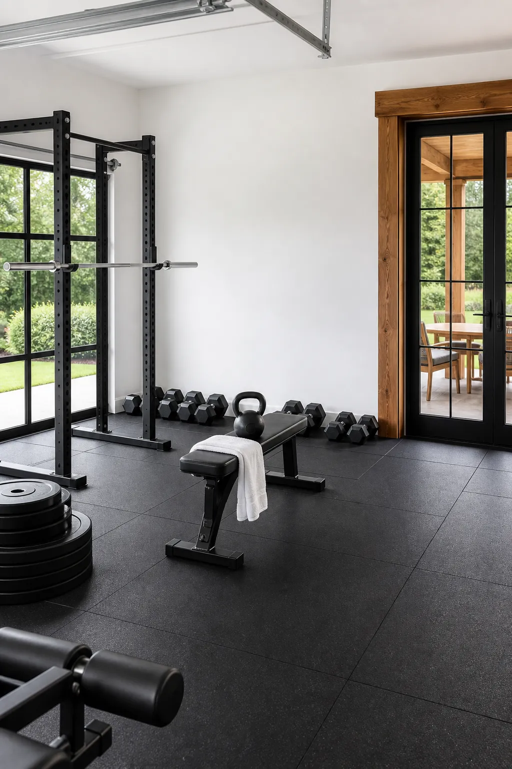 Minimal black-and-white strength gym arranged inside a garage