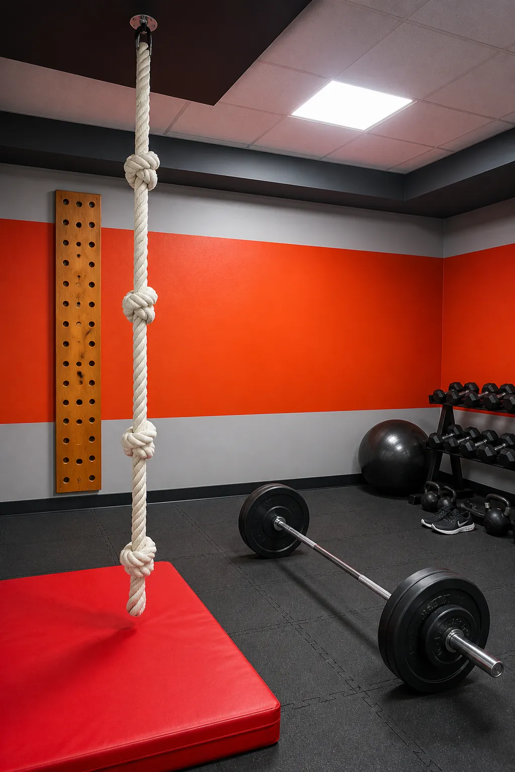 Home strength room with a vivid orange accent wall and climbing rope