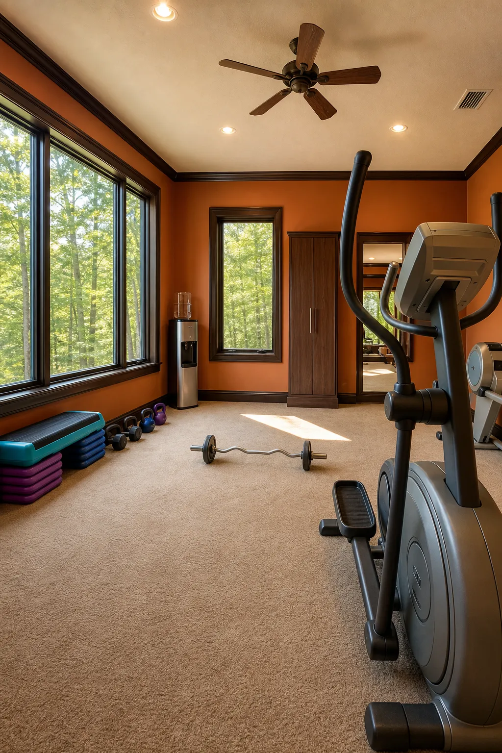 Sunlit orange home gym combining cardio machines and free weights