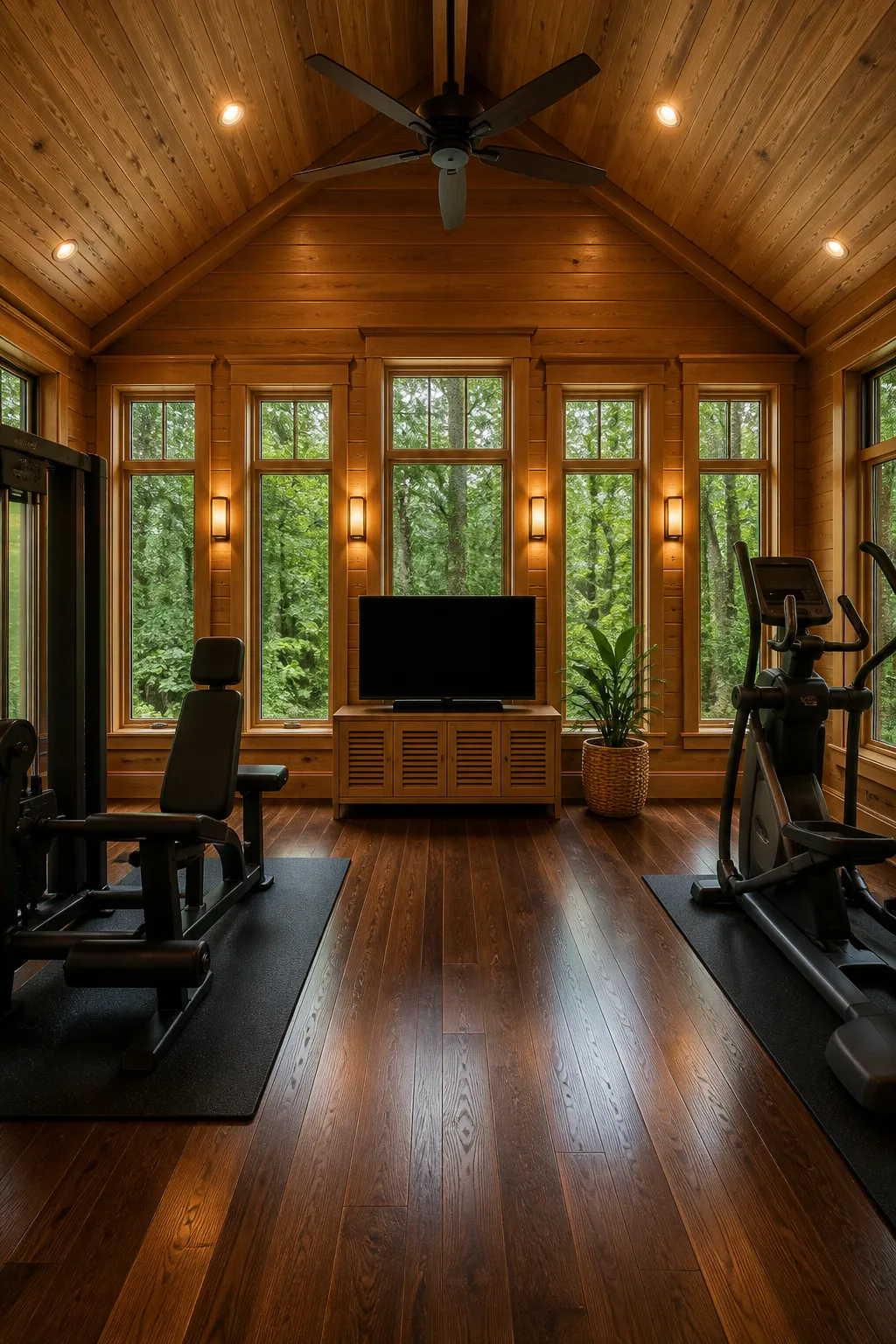 Luxury wood-paneled home gym designed around panoramic forest views