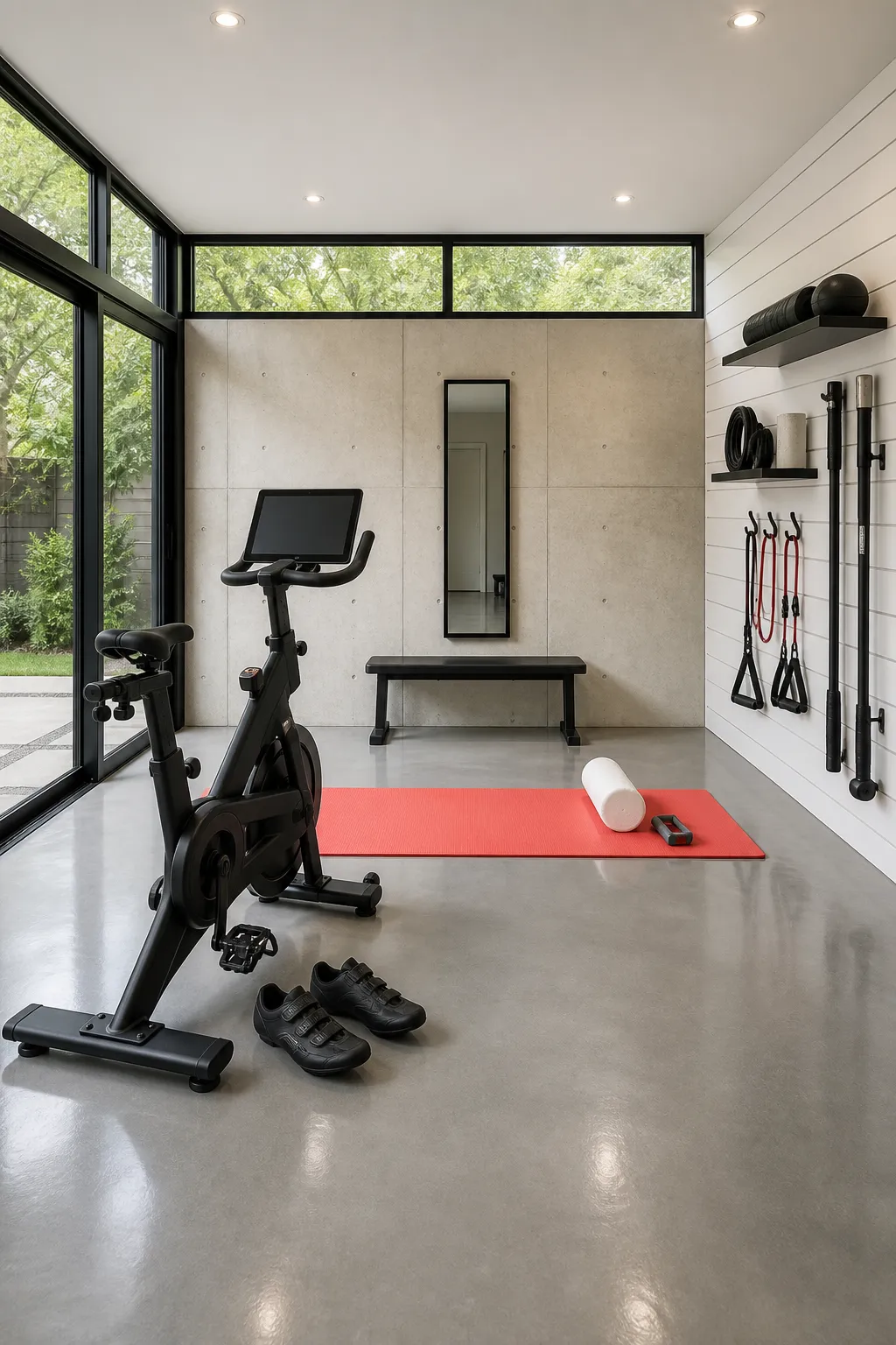 Modern garage gym with glass doors and organized equipment storage