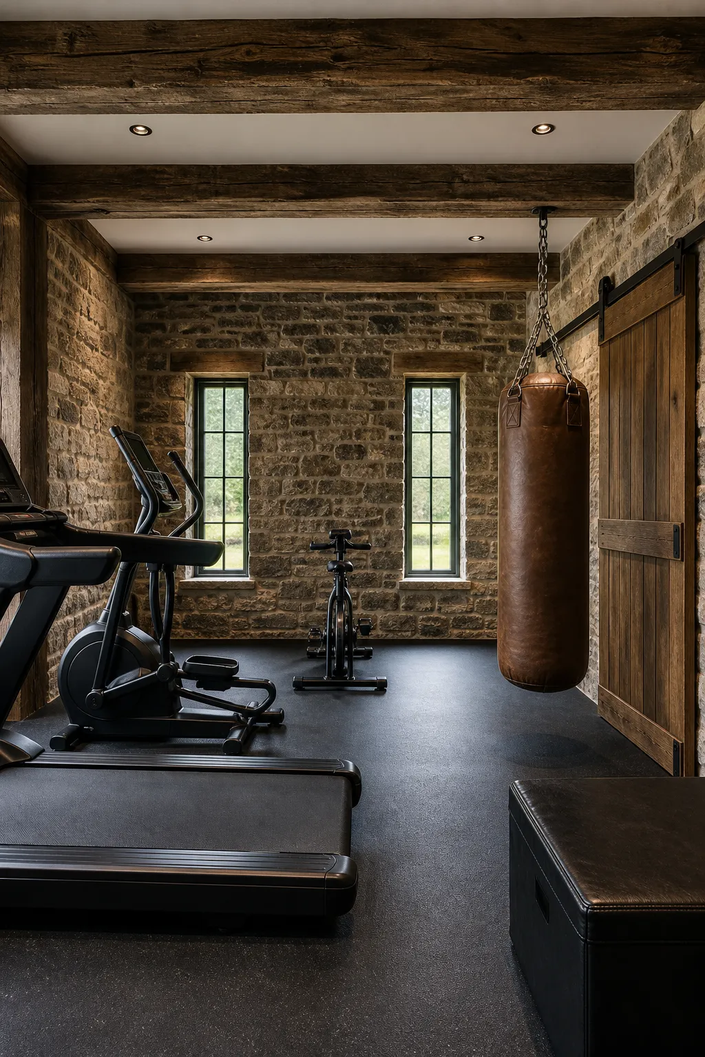 Home boxing area with a hanging punching bag and rugged stone-style wall