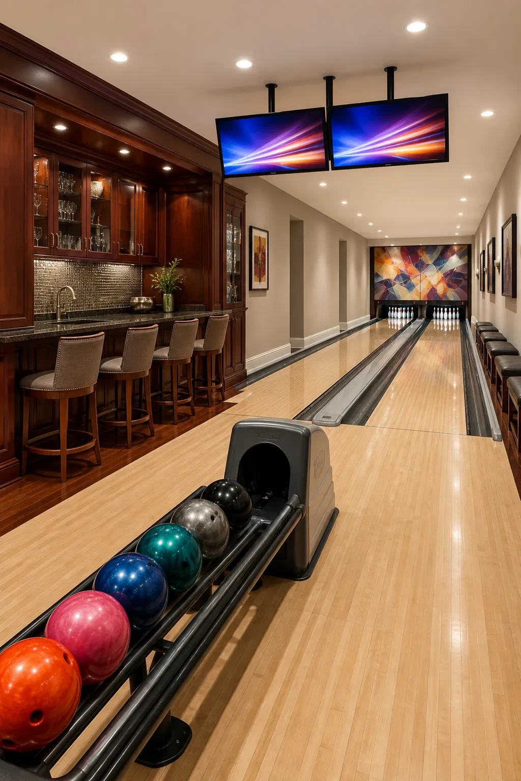 Luxury home recreation space featuring a bowling alley and bar