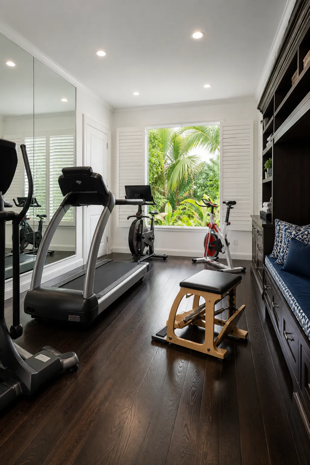 Bright compact home gym fitted with essential cardio equipment