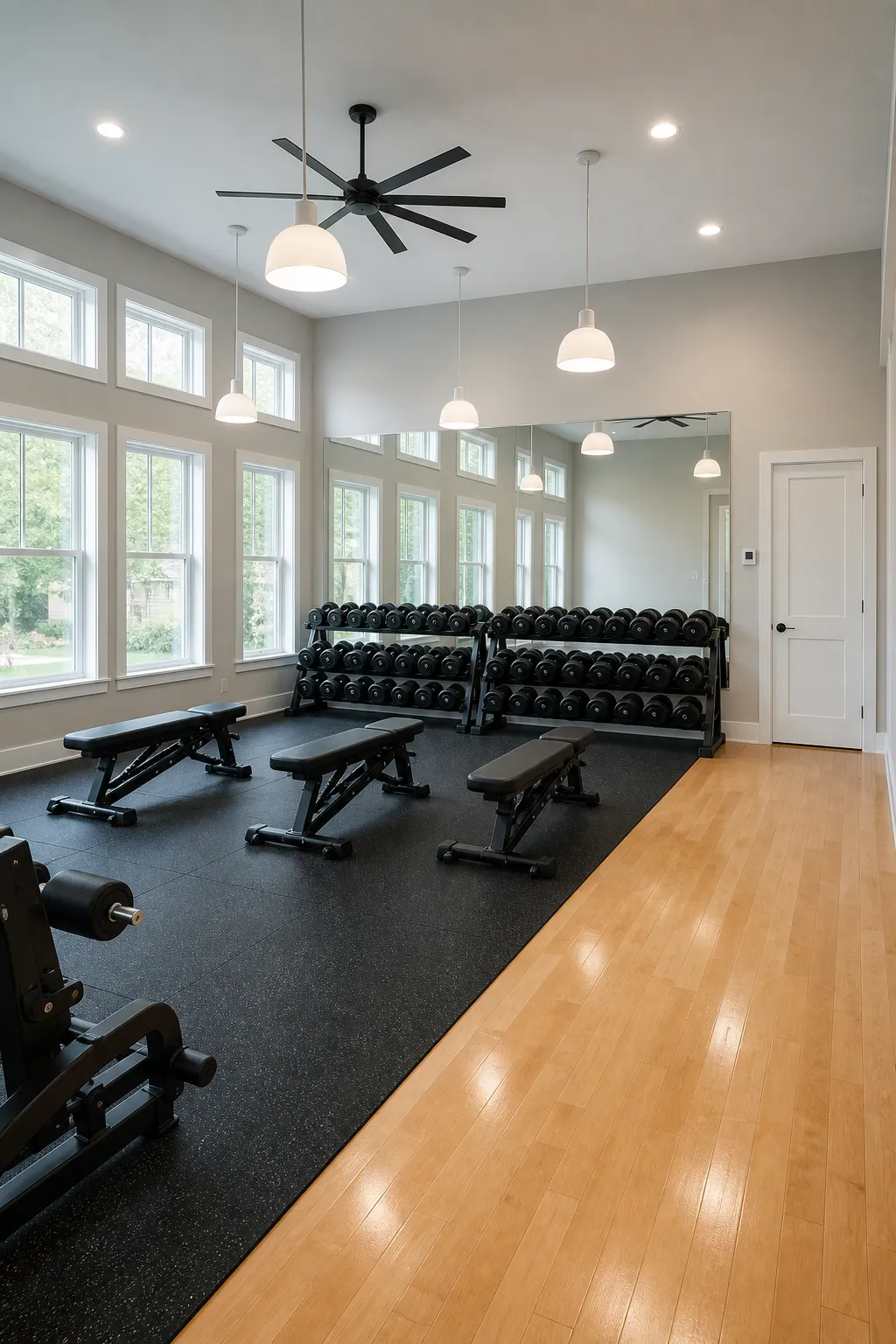 Bright home weight room with dumbbells arranged neatly on a storage rack